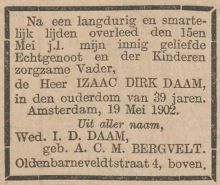 1902 Overlijden Isaac Dirk Daam [1863 - 1902].